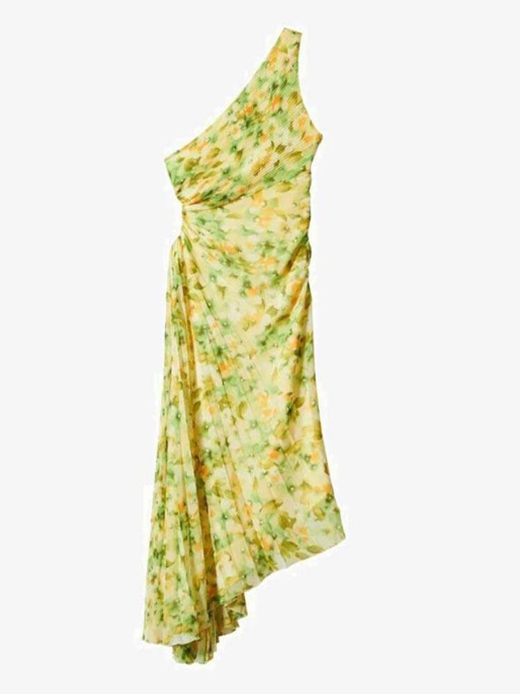 One Shoulder Pleated Maxi Dress - Capesy