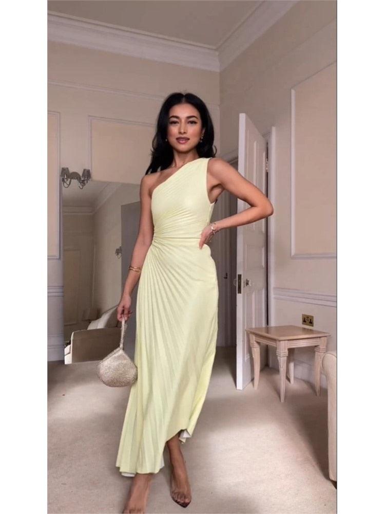 One Shoulder Pleated Maxi Dress - Capesy