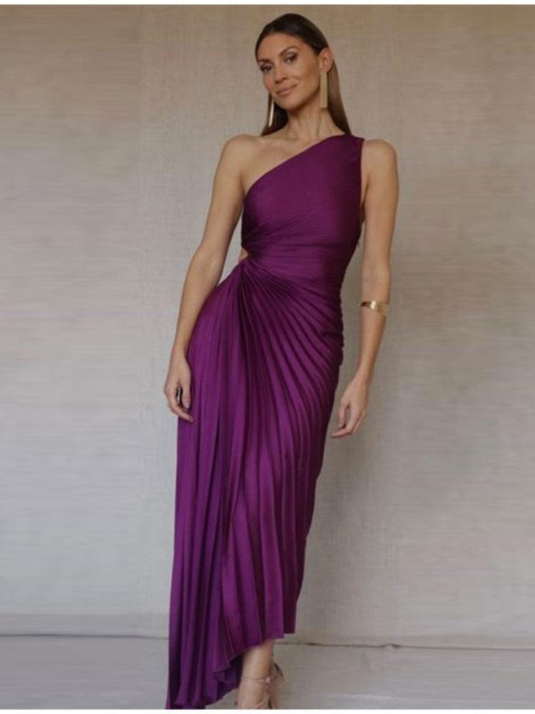 One Shoulder Pleated Maxi Dress - Capesy